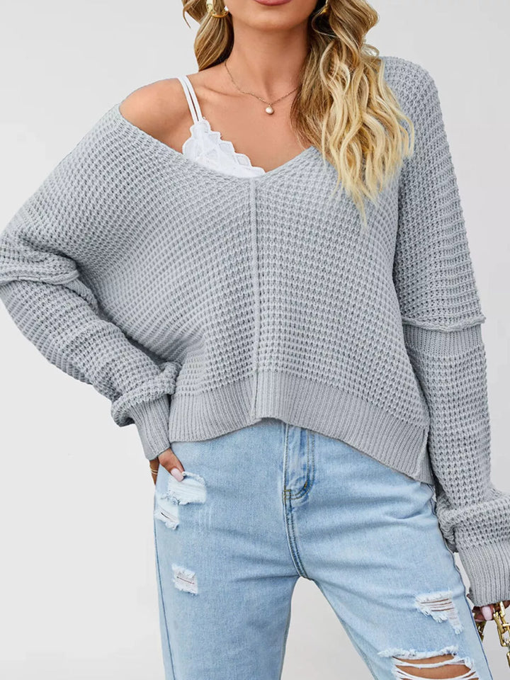 Waffle knit drop shoulder sweater with ribbed cuffs