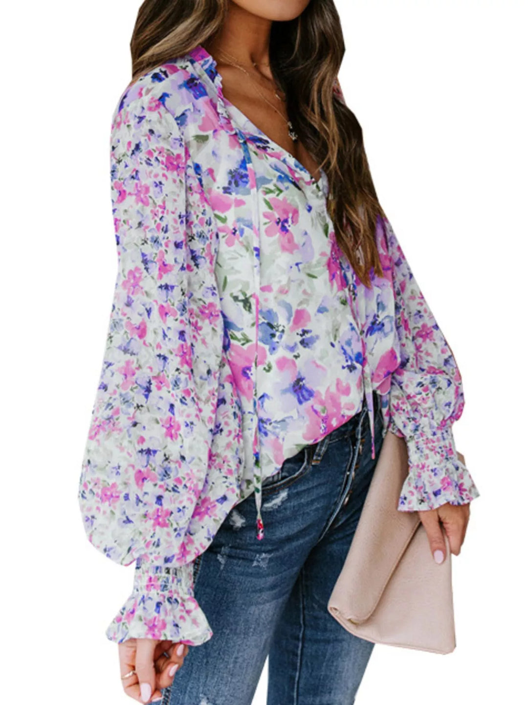 Floral print V-neck button-down blouse with smocked cuffs