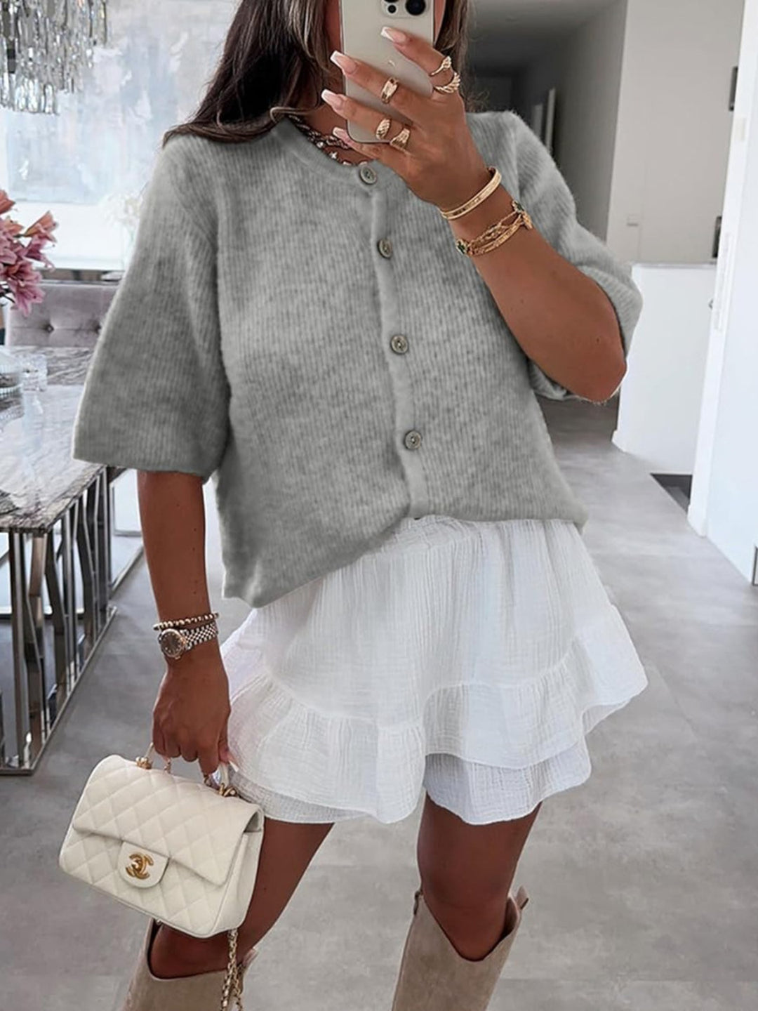 Ribbed knit short-sleeve button-down cardigan