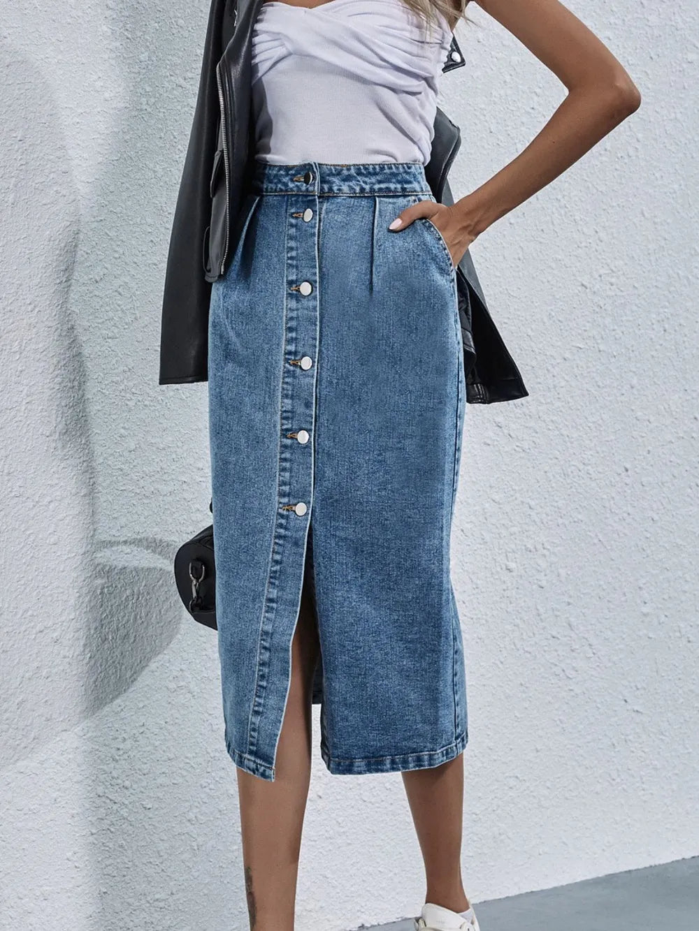 Pleated high-rise button-front denim midi skirt with pockets