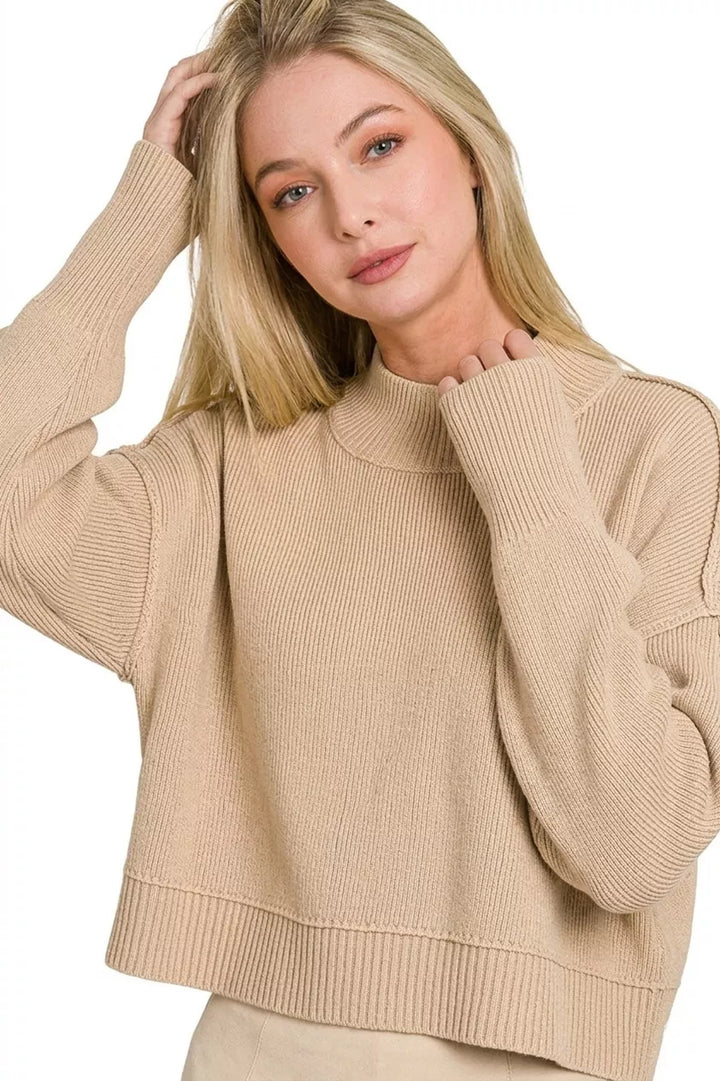 Ribbed mock neck cropped sweater with side slits