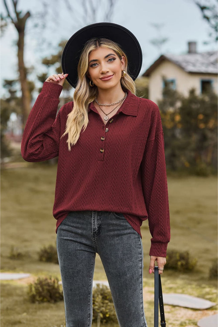 Burgundy Textured knit collared top with half-button placket