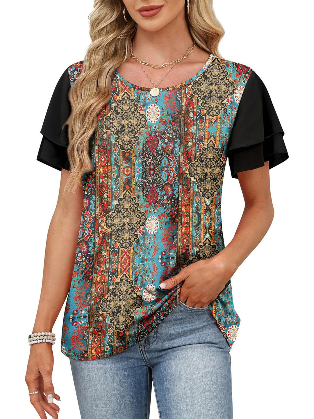 Layered leopard ruffle sleeve round neck top