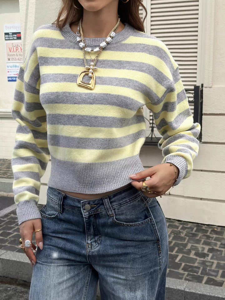 Striped cropped sweater with ribbed hem and drop shoulders