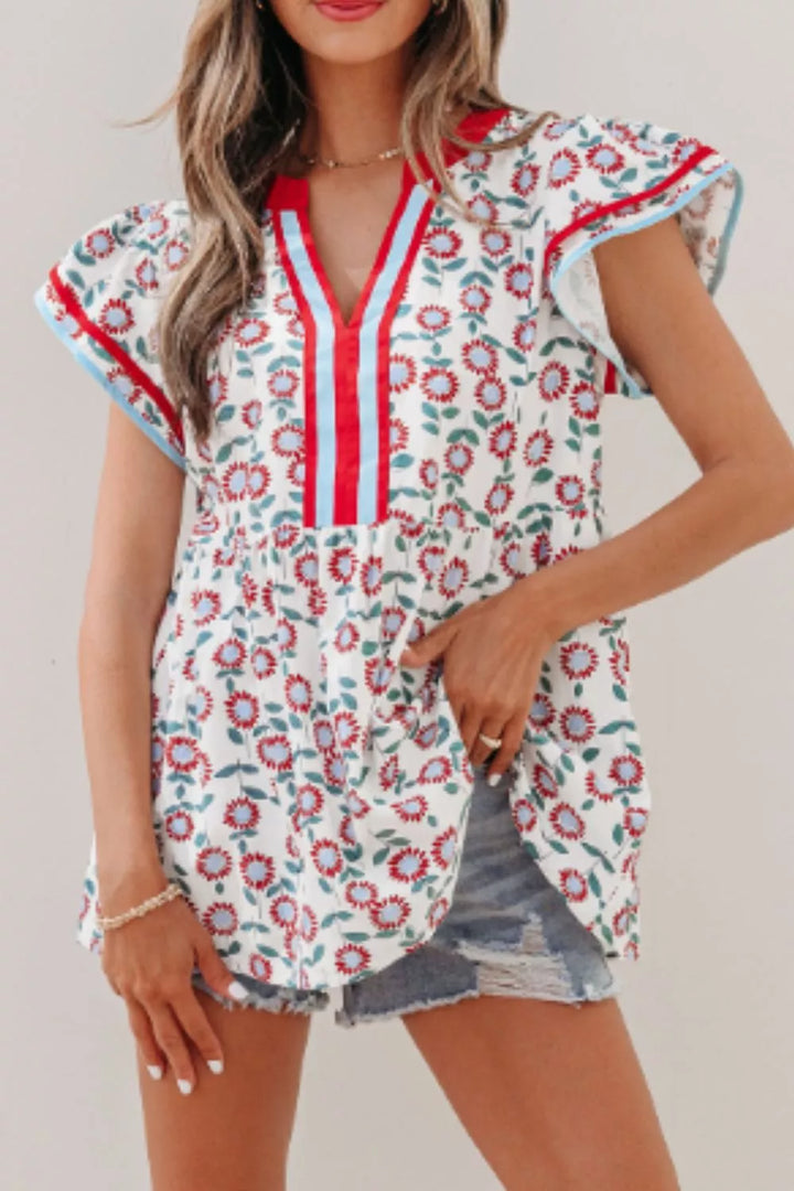 Scarlet Floral babydoll blouse with ruffle cap sleeves and striped V-neck
