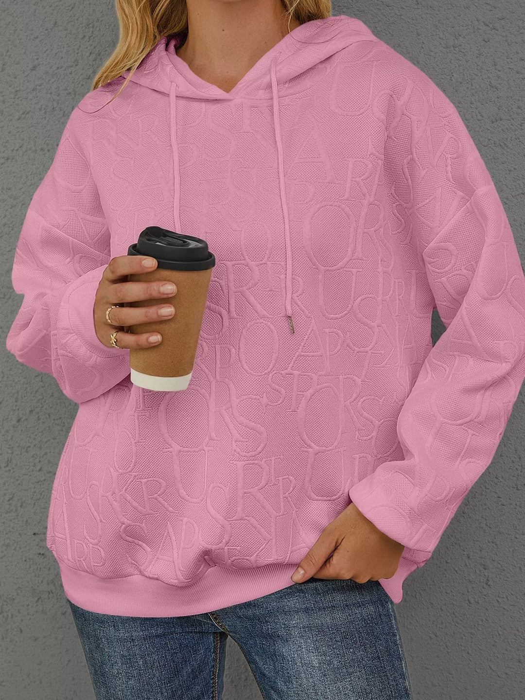 Embossed lettering drawstring pullover hoodie
