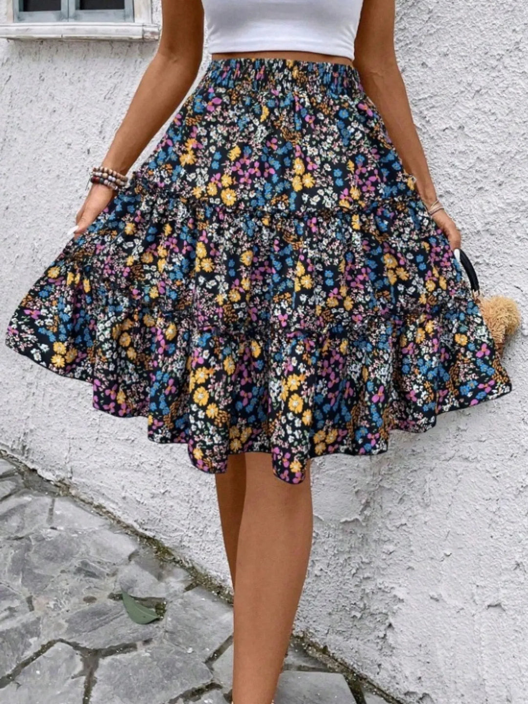 Floral print tiered ruffle mini skirt