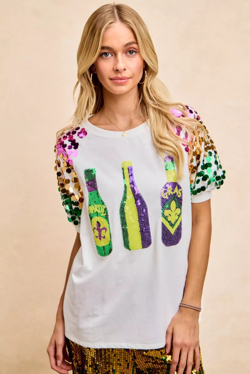 OFF WHITE Sequin Mardi Gras bottles graphic tee with paillette sleeves