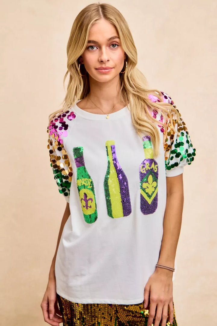 OFF WHITE Sequin Mardi Gras bottles graphic tee with paillette sleeves
