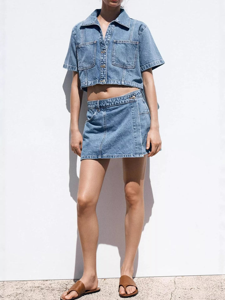 Contrast-stitch denim button-up crop shirt and skort set