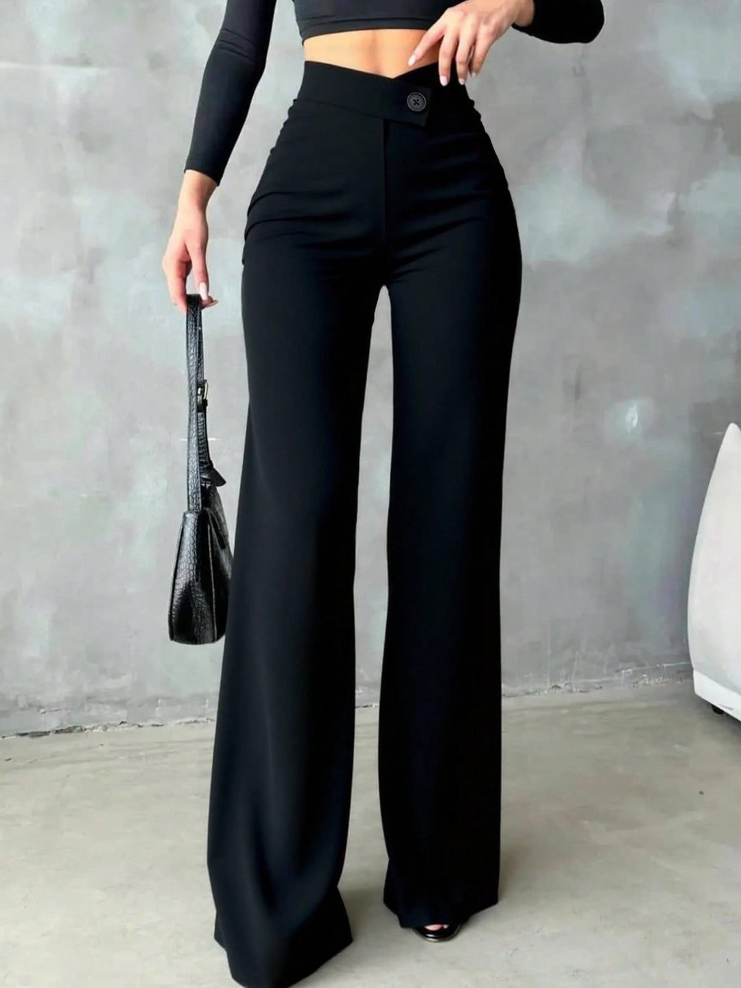 Black High-rise wide leg pants with crossover button waistband
