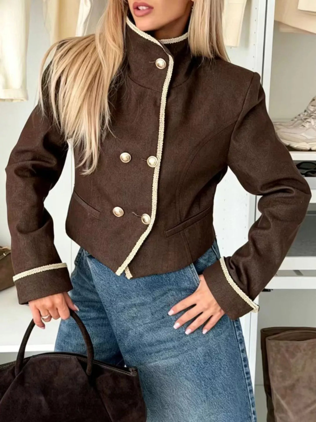 Brown Double-breasted cropped jacket with contrast braid trim