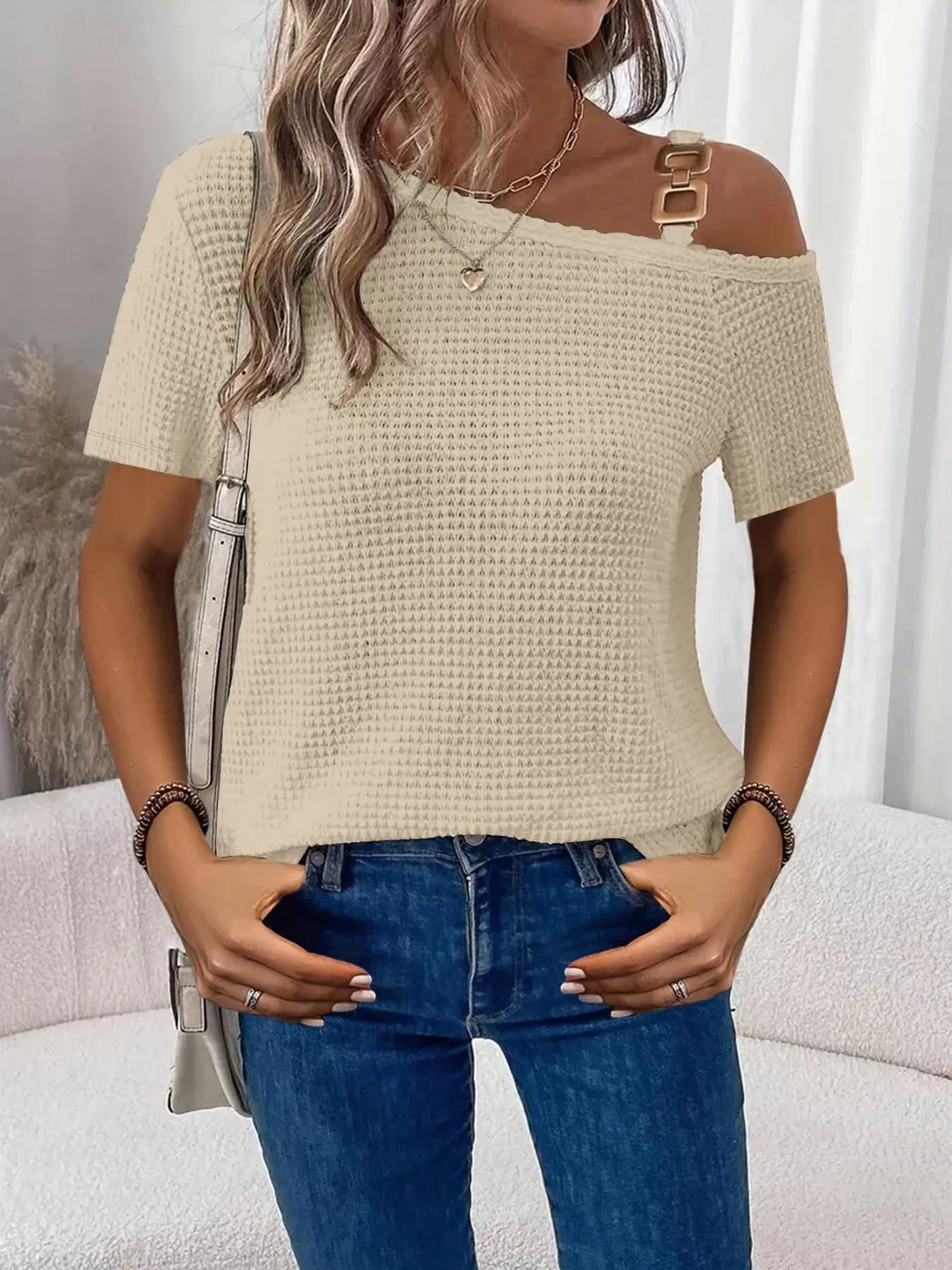 Beige One-shoulder waffle knit top with chain-link strap detail