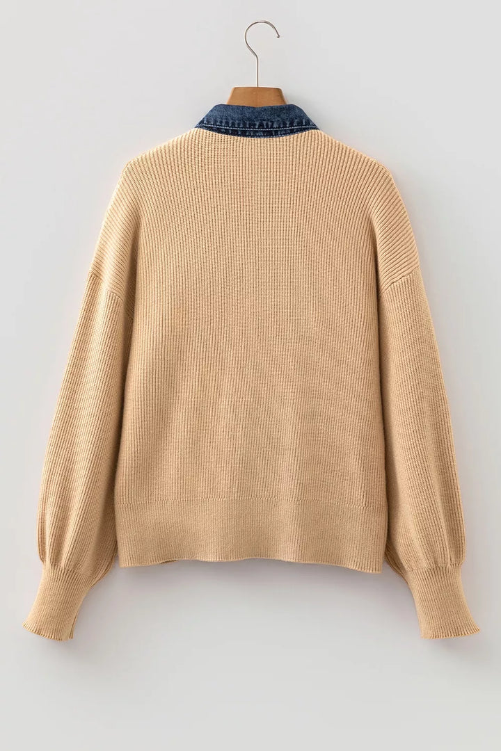 Ribbed knit cardigan with denim collar and button placket