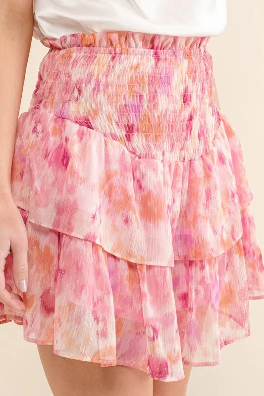 Lurex print tiered smocked waist mini skort