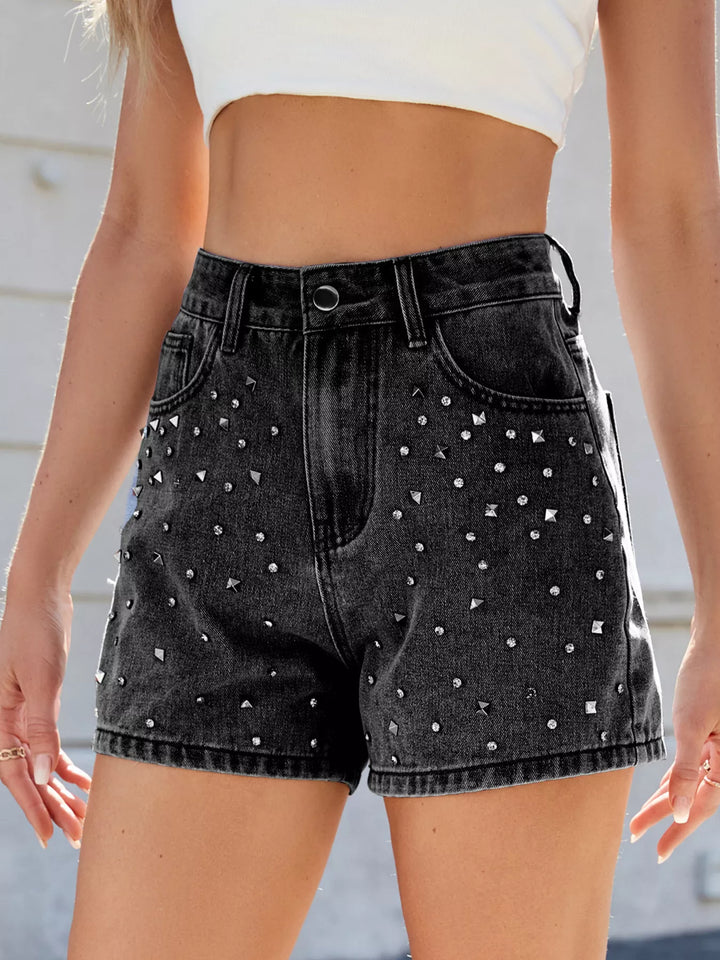 Dark Gray Studded rhinestone high-waist denim shorts