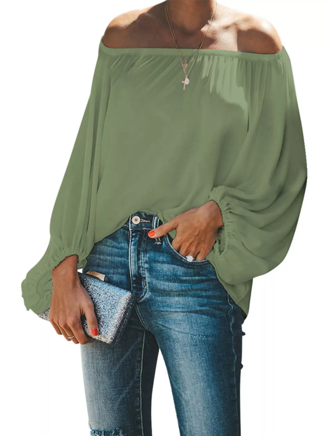 Green Off-shoulder balloon sleeve blouse
