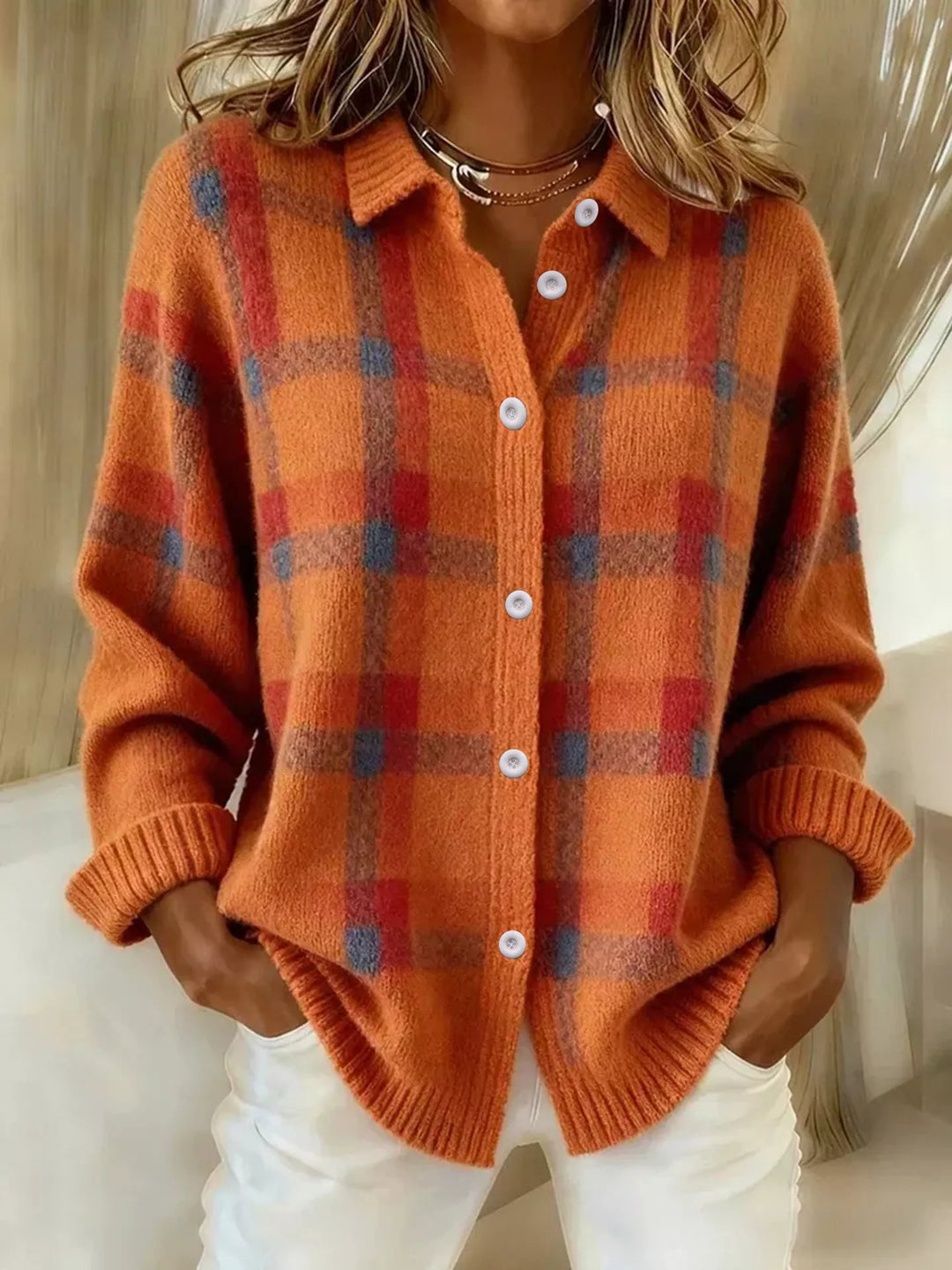 Orange Plaid knit button-down shirt cardigan with collar