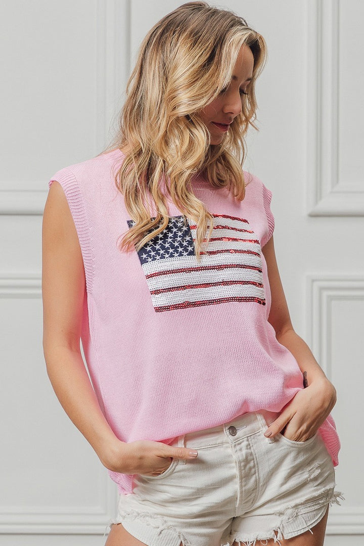 Sleeveless knit sweater vest with sequin American flag patch