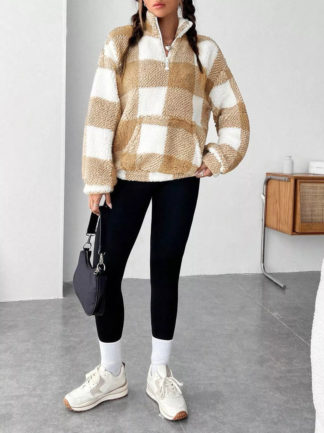 Plaid sherpa quarter-zip pullover with front pocket
