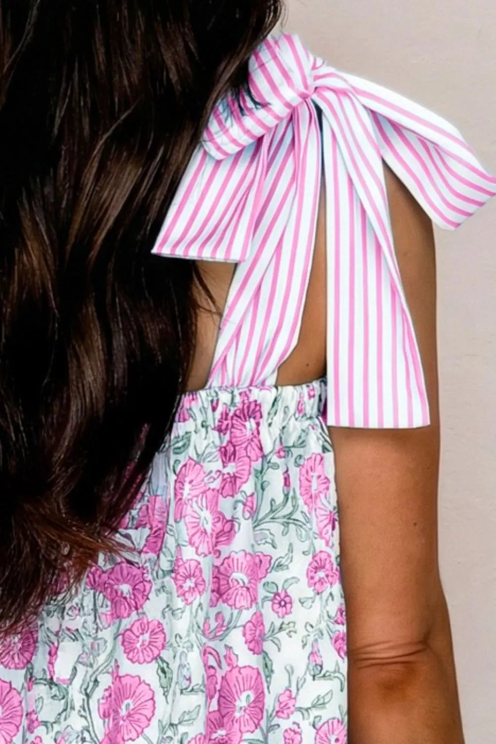 Tie-shoulder floral babydoll mini dress with striped bodice