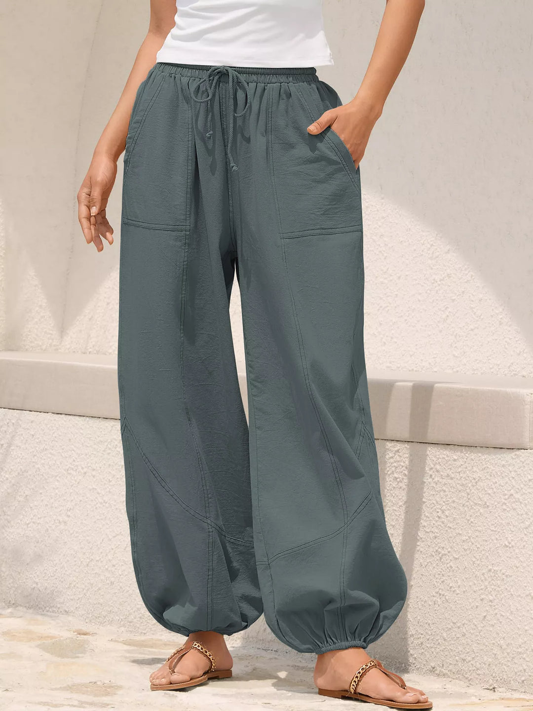 Grey Drawstring waist wide-leg harem joggers with side pockets