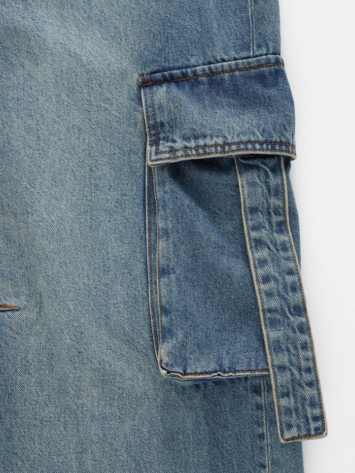 Vintage wash wide-leg cargo jeans with strap pockets