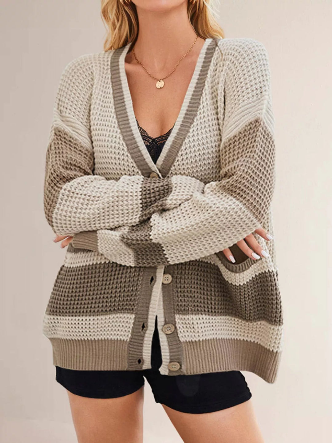 Color block waffle knit button-front V-neck cardigan
