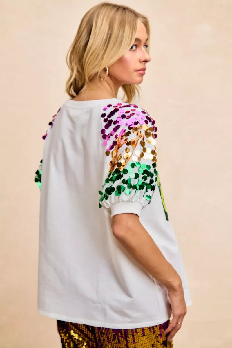 Sequin Mardi Gras bottles graphic tee with paillette sleeves