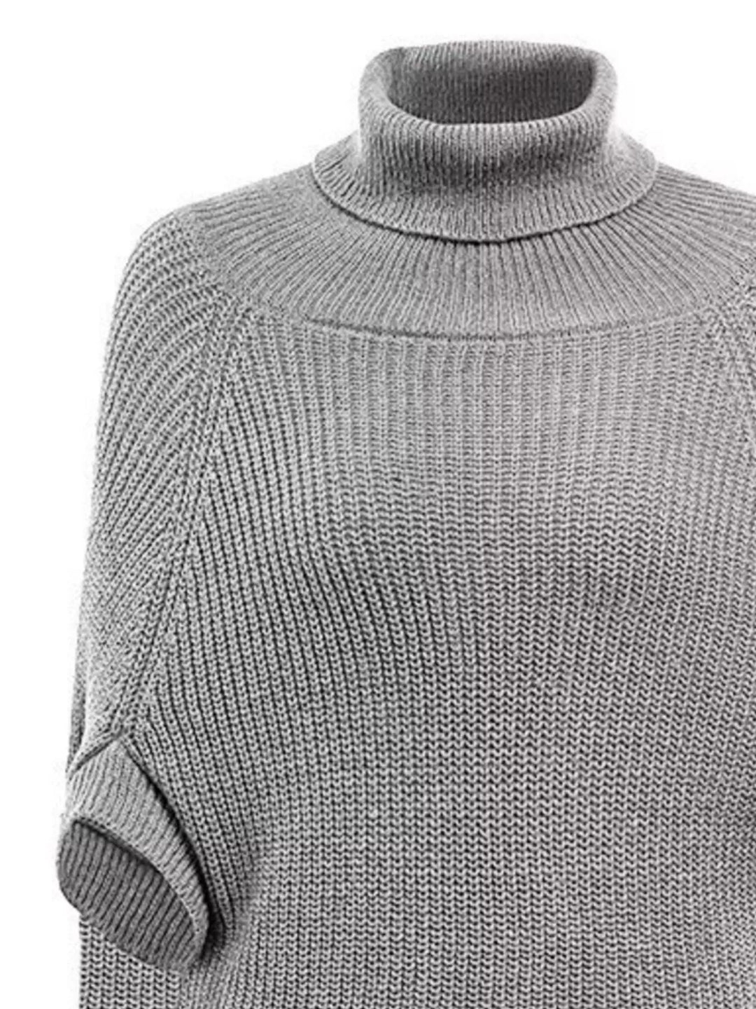 Ribbed turtleneck cape sweater with side slits