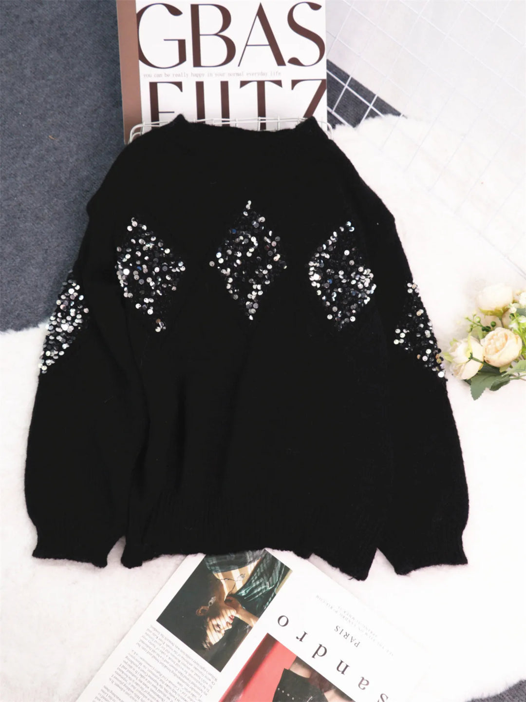 Sequined diamond pointelle knit oversized sweater