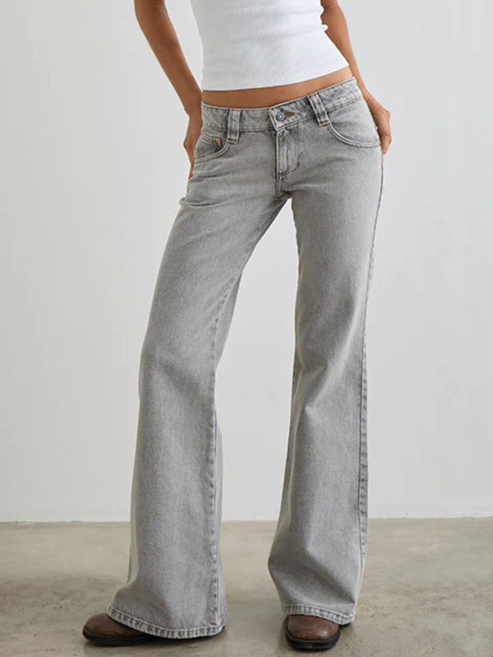 Low-rise washed denim flare leg jeans with 5-pocket styling