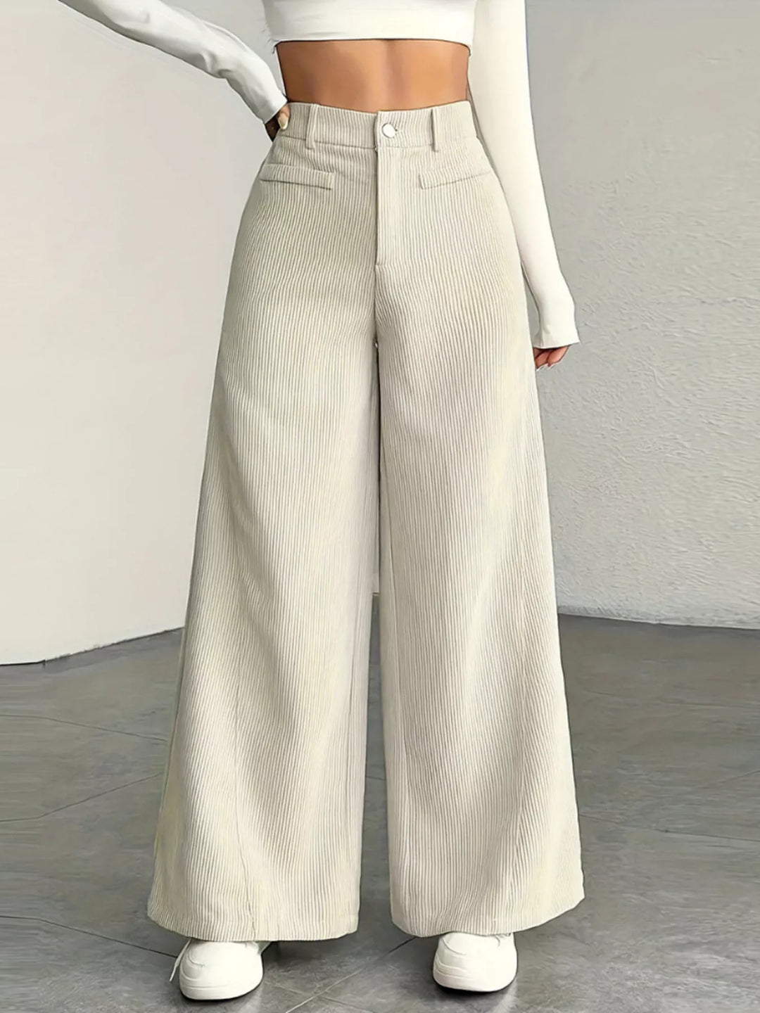Apricot High-rise corduroy wide leg pants with side pockets