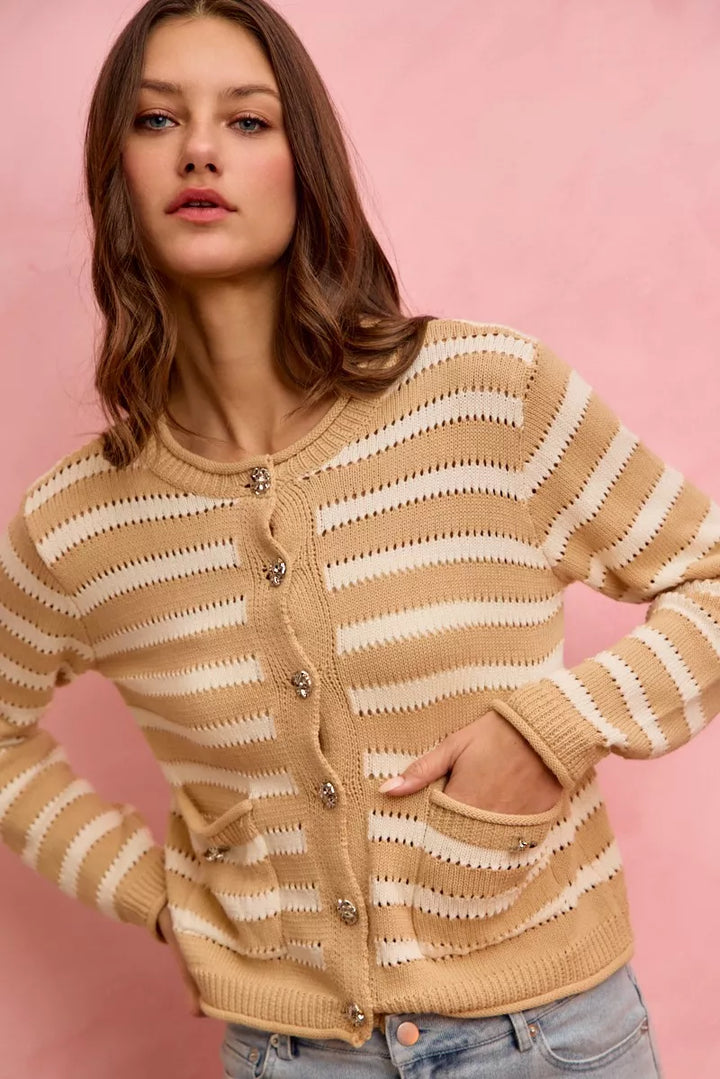 Striped openwork knit cardigan with jeweled buttons