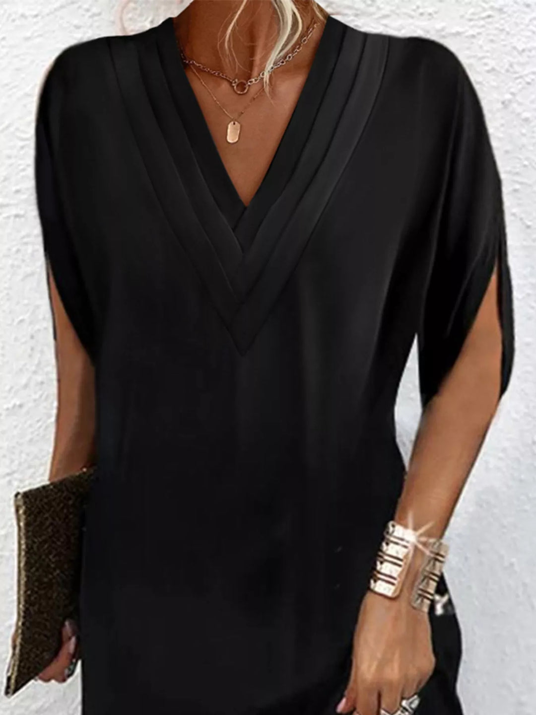 Pleated V-neck split sleeve relaxed mini dress