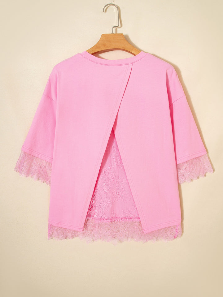 Oversized tee with floral lace back and sleeve trim