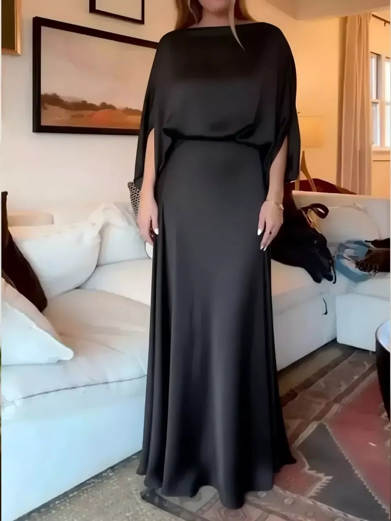 batwing formal dress Satin sleeve maxi with ruched bodice batwing sleeve dress goth