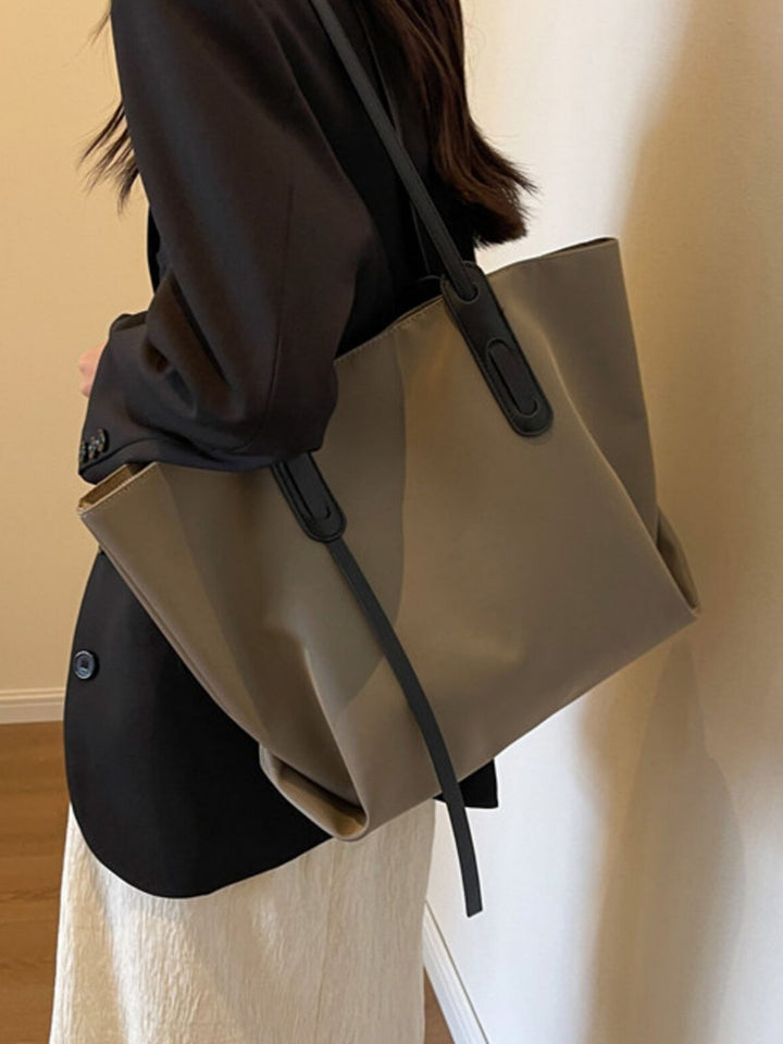 Large capacity nylon shoulder tote bag with contrast straps