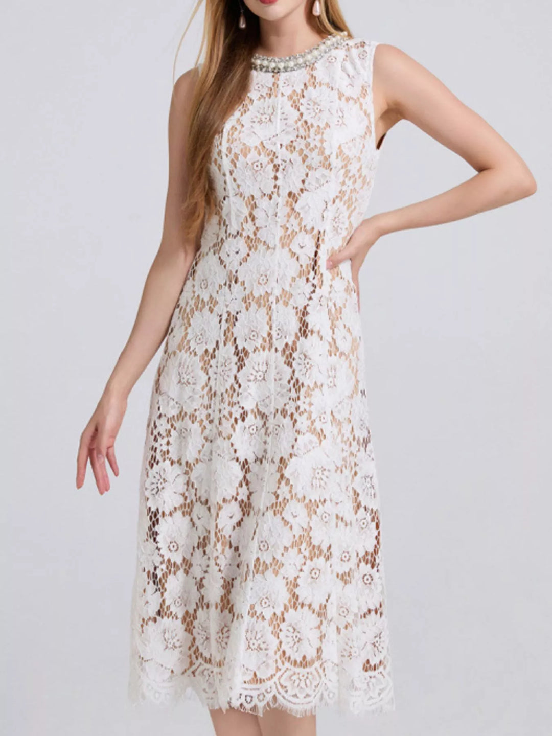 White Sleeveless floral lace midi dress with pearl neckline