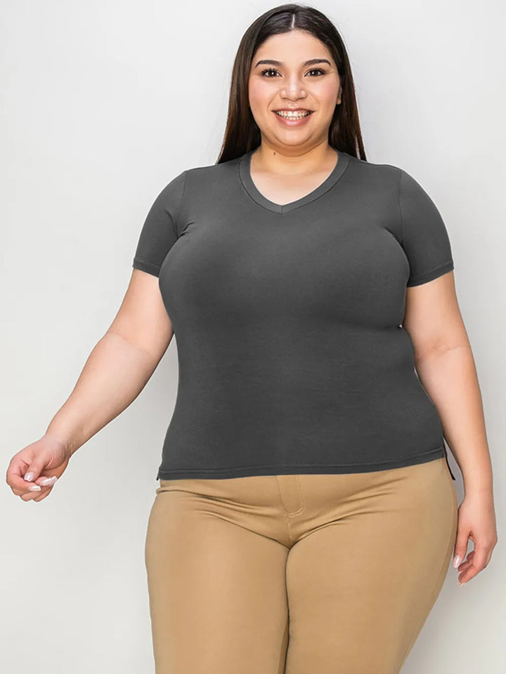 V-neck high-low short sleeve tee with side slits