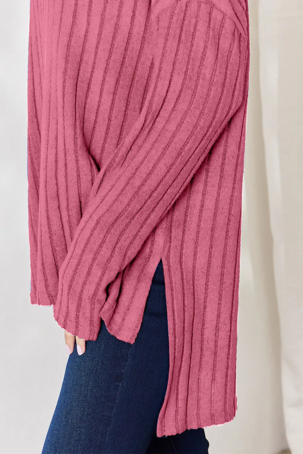 Ribbed knit half-button long sleeve high-low top