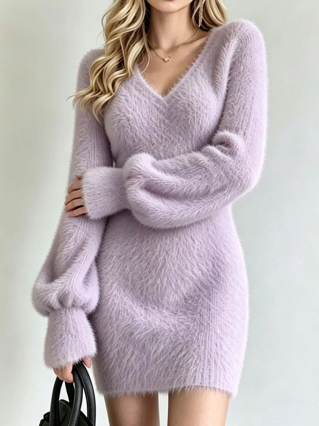 Lavender Fuzzy eyelash knit V-neck sweater mini dress