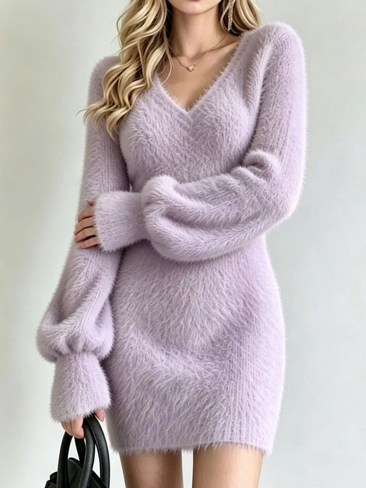 Lavender Fuzzy eyelash knit V-neck sweater mini dress