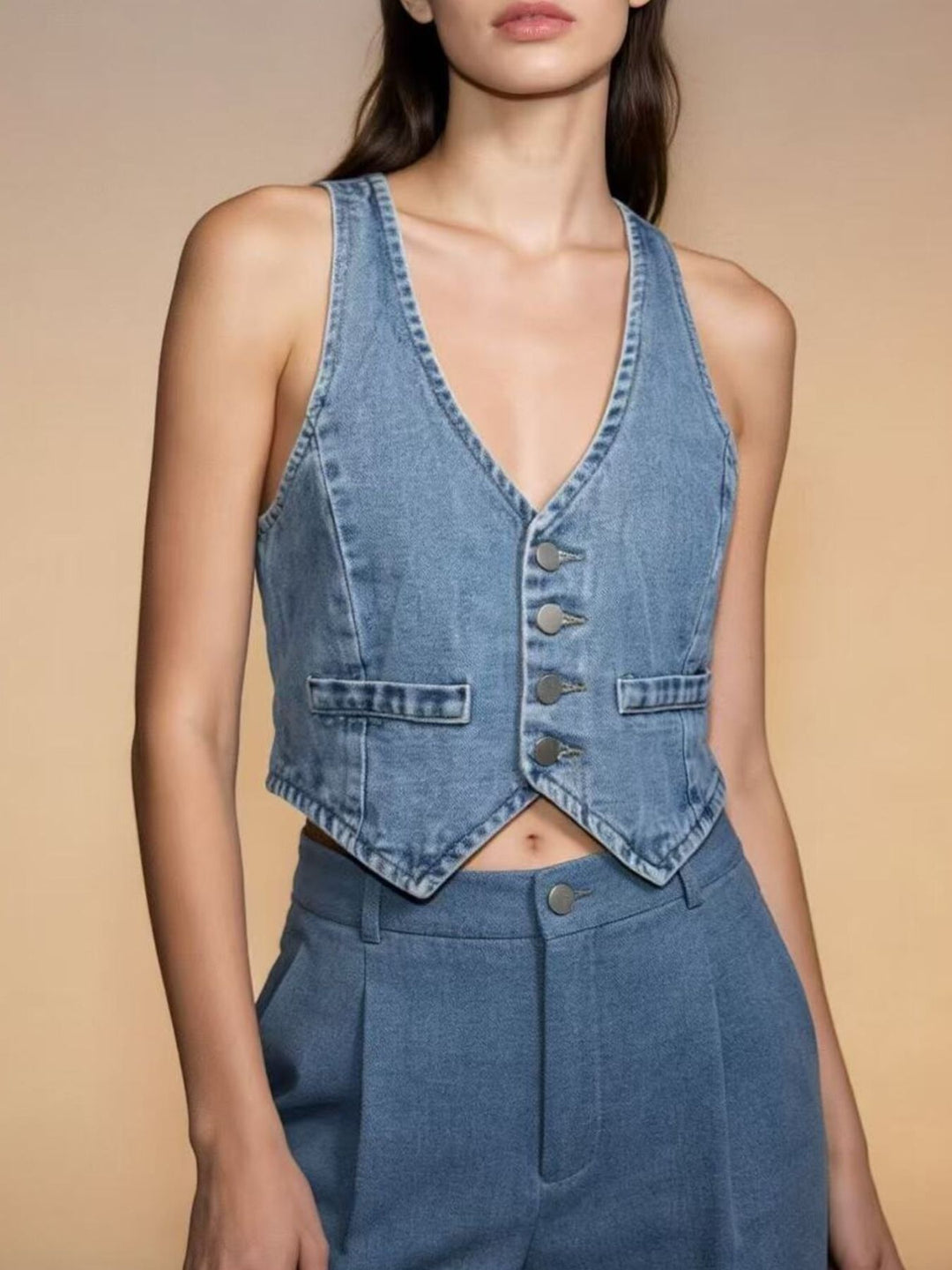 Cropped button-front denim vest with V-neck