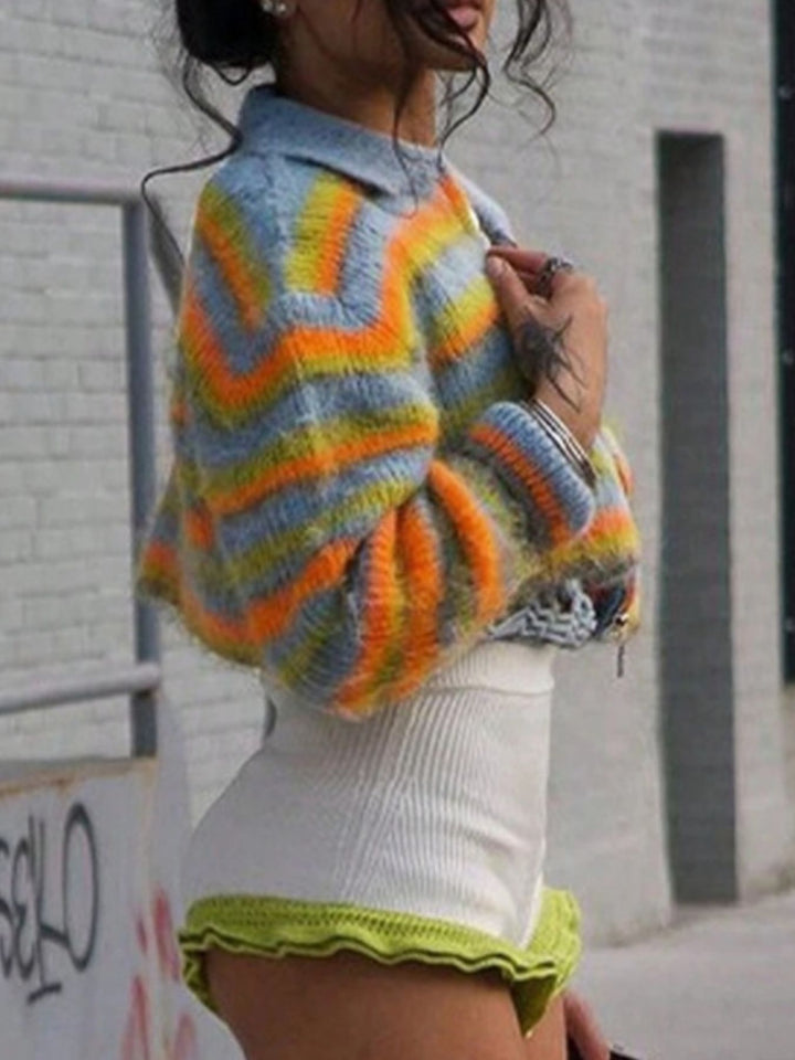 Striped zip-up cropped knit cardigan with collar