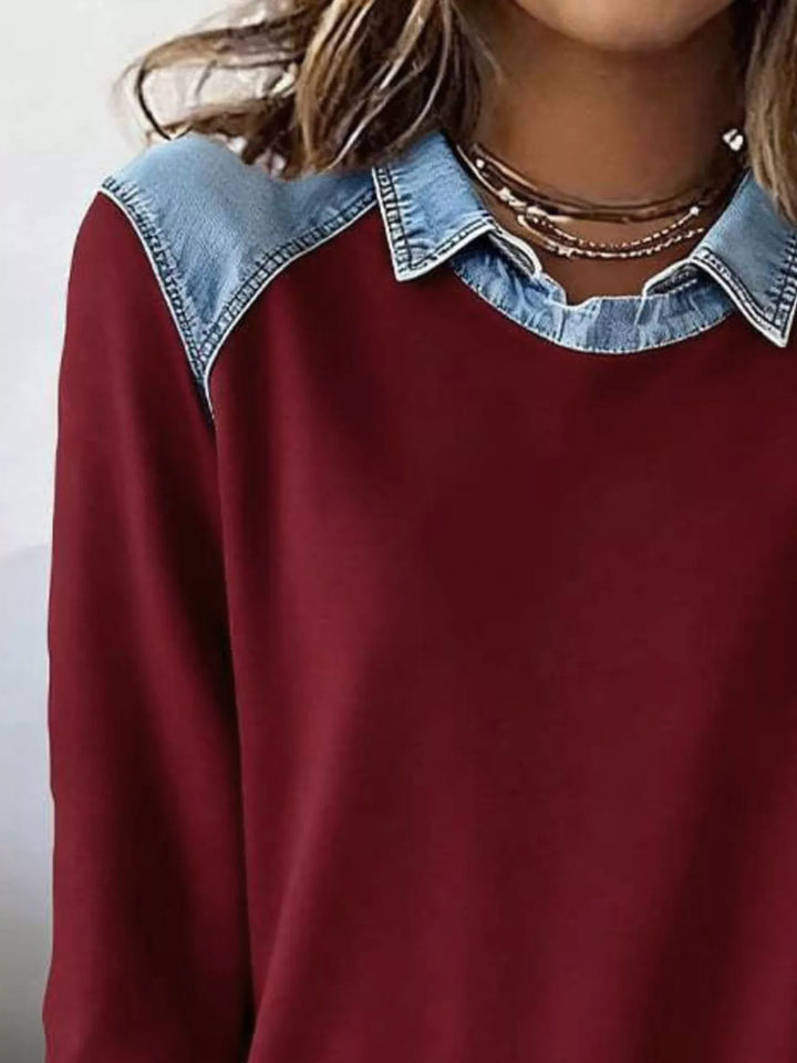 Denim-trim long sleeve crew neck pullover top