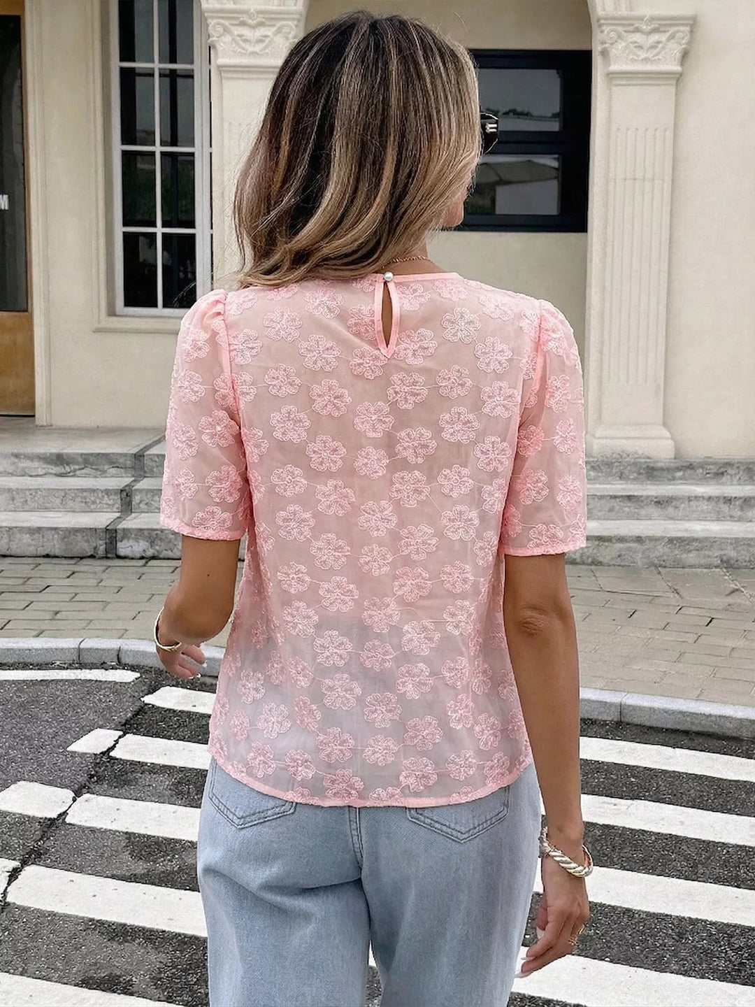 Sheer floral embroidered blouse with pearl-trim neckline
