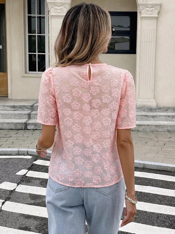 Sheer floral embroidered blouse with pearl-trim neckline