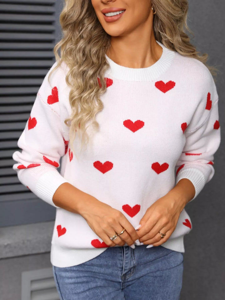 Heart pattern dropped shoulder crew neck sweater