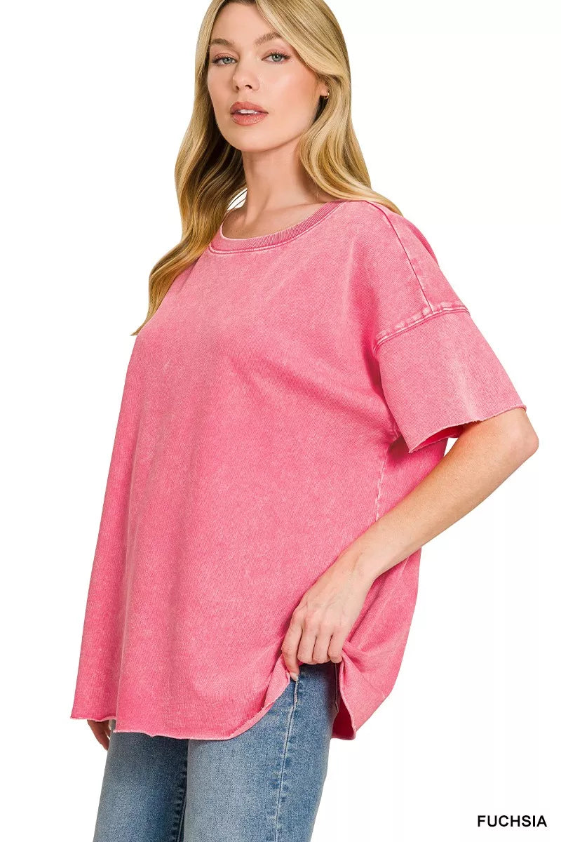 Acid wash drop shoulder French terry top with raw hem